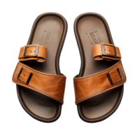 Stylish brown tan leather sandals with buckle details isolated on a clean transparent background, Sandals made of browntan leather isolated on a transparent background png