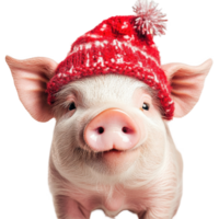 Festive pig wearing a red hat smiles joyfully against a clean Transparent background, Smiling Pig with Festive Hat on background png