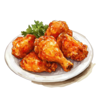 Delicious fried chicken served on a white plate surrounded by fresh greens for a tasty meal experience, Fried chicken in a plateisolated on white background png