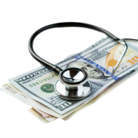 Stethoscope resting on banknotes signifies the connection between healthcare and financial concerns, Stethoscope on Banknotes, Transparent background png