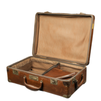 Old used brown travel suitcase open, revealing empty compartments and vintage style, Open old Used brown travel Suitcase png