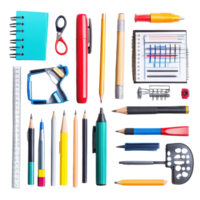 Educational and office supplies arranged from above in a tidy manner for organized workspace, School and office tools. View from above. Isolated on Transparent background png