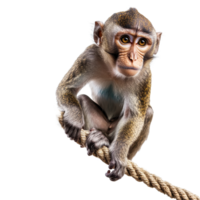 Monkey sits thoughtfully on a rope against a clean, Transparent background, Monkey Sitting On Rope isolated on background png