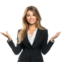 Friendly businesswoman presenting an invisible object during a bright studio session, Friendly Businesswoman Holding Invisible Object isolated on white background png