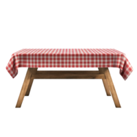 Picnic table adorned with red checkered tablecloth ready for outdoor gathering in a sunny park setting, Picnic Table with Red Checkered Tablecloth on Transparent background png