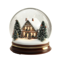 Snow globe featuring a snow covered house surrounded by Christmas trees in a winter setting, Christmas Snow Globe with Snow Covered House Isolated on white background png