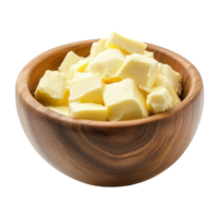 Bowl filled with creamy butter cubes on a Transparent background, wooden bowl filled with a mixture butter background png