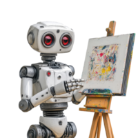 Robot creating art by holding a colorful painting on an easel against a Transparent background, Robot Holding Painting on Easel. background png