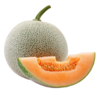 Cantaloupe melon with a slice on a clean white background showcasing its texture and vibrant color, cantaloupe melon on white background png