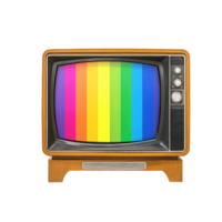 Vintage television displaying a vibrant rainbow screen placed on a white table against a neutral background, television with a rainbow screen on a table, Transparent background png