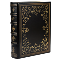 Large black book with ornate gold lettering resting on a simple background, large book with a black cover and gold lettering, Transparent background png