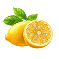 Fresh lemon fruit with vibrant leaves and a halved section showcasing juicy interior on Transparent background, lemon fruit with leaves and half isolated, Fresh and Juicy Lemon, isolated on png