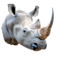 Close up view of a rhinoceros face with distinctive features against a Transparent background, rhinocero face shot isolated on background png