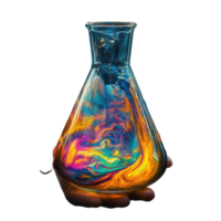 Holding a colorful Erlenmeyer flask with swirling liquids in a dimly lit environment, Hand holding Erlenmeyer flask with colorful substance in it png