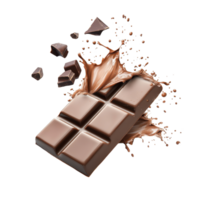 Delicious chocolate bar surrounded by cocoa splashes on a white background, chocolate bar with splash png