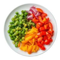 Fresh vegetable mix served in a white plate showcasing vibrant colors and textures, Vegetable mix in white plate top view isolated on Transparent background png