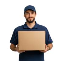 Delivery man holds package in studio against Transparent background, smiling and ready to deliver items to customers, Delivery Man with Package Isolated on background png