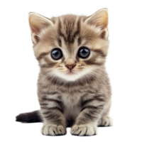 Cute striped kitten sitting on a Transparent background looking curiously at the viewer, kittensisolated on background png