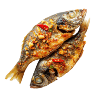 Fried fish with chilli and spices served as a flavorful dish for seafood lovers, Fried fish with chilli and spices, delicious food Thailand styleisolated on white background png