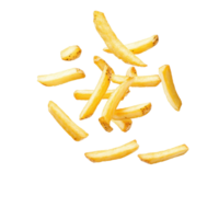 Falling French fries in mid air showcase their golden color and crispy texture for food lovers, falling or flying French fries, potato fry isolated white background png