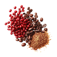 Red coffee beans and instant coffee on a Transparent background showcasing vibrant colors and textures, Red coffee beans and instant coffee isolated on background png