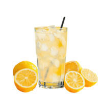 Refreshing ice cold lemonade served in a tall glass surrounded by fresh lemons on a bright yellow background, Ice Cold Lemonade png