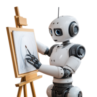 Robot creates artwork on easel in a bright studio environment, Robot Holding Painting on Easel. Transparent background png