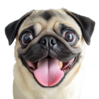 Cute pug dog with a joyful expression and a pink tongue in a lightcolored setting, dog pug little dog dogs head dog muzzle with pink tongue png
