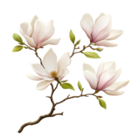 Delicate magnolia branch featuring soft blooms and green leaves on a white background, branch of magnolia flowersfile of isolated object on White background png