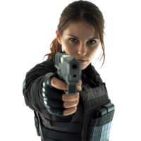 Female agent in tactical outfit holding a gun in a secure environment, Female Agent in Tactical Outfit Holding Gun Isolated on white background png