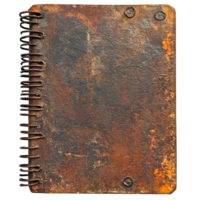 Rusty spiral notebook resting on a Transparent background showcasing its aged and weathered texture in detail, Old Rusty Spiral Notebook, background png