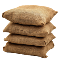 Brown burlap bags stacked neatly, showcasing texture and materials for various uses, This is an image a brown burlap bag with three stacked on top each other, Transparent background png