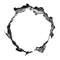 Closeup view of a burnt hole in paper revealing charred edges against a plain Transparent background, CloseUp View a Burnt Hole in a Paper png