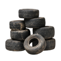 Stacked old and dirty tires on a Transparent background showcasing wear and age in a simple display, old dirty tire stacks isolated on background png
