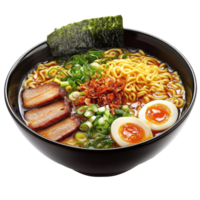 Delicious ramen bowl with pork, softboiled egg, and green onions on a Transparent background, Delicious ramen bowl isolated on background png