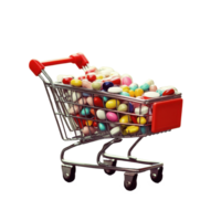 Shopping cart filled with colorful pills and tablets on a cobblestone path in bright daylight, Pills and Tablets in a Shopping Cart png