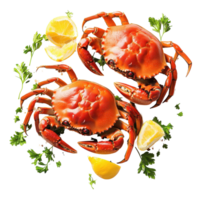Juicy boiled crabs garnished with lemon and herbs on a white background for seafood lovers, Boiled crabs preparedisolated on white background png