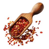 Crushed red chili pepper in wooden scoop on Transparent background for culinary use, Crushed red chili pepper in wood scoop isolated on background png