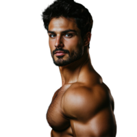 Handsome muscular man striking a pose with a serious expression against a dark background, Portrait a handsome muscle man posing isolated on background png