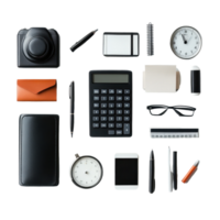 Office objects arranged on a Transparent background for creative workspace inspiration, Office objects isolated on background png