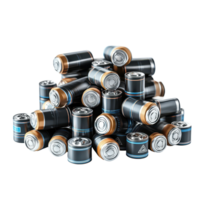 Heap of lithium ion batteries isolated on a white background showcasing various sizes and designs, Heap liion batteries isolated on white background png