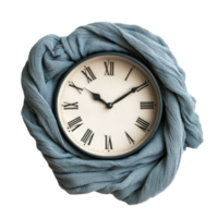Clock wrapped in a cozy blanket against a minimalist Transparent background showcasing time and tranquility, clock with a blanket around it on a background png