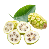 Non fruits with sliced segments and fresh leaf on Transparent background showcasing Morinda Citrifolia, Non or Morinda Citrifolia fruits with sliced on background png