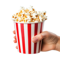 Joyful moviegoer enjoying a delicious cup of popcorn at the cinema while watching a favorite film, Indulging in Delicious Popcorn from a Vibrant Red and White Striped Cup, Transparent background png