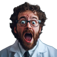Surprised scientist with crazy hair screams in excitement in laboratory setting, Screaming surprised crazy scientist man png