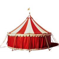 Red and white circus tent stands proudly against vibrant red background enhancing its classic charm, Red and White Circus Tent Against Red Background. Transparent background png