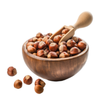 Freshly harvested hazelnuts in a rustic wooden bowl with a scoop on a white background, hazelnuts in wood bowl and scoop on white background png