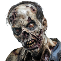 Striking zombie close up on Transparent background showcasing grim details and unsettling features, Zombie on background png
