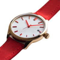 Close up of a stylish watch featuring a red strap against a clean Transparent background, close up a watch with a red strap, background png