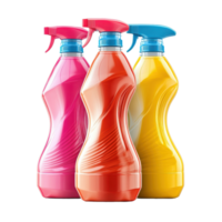 Colorful detergent bottles in vibrant shades of pink, orange, and yellow against a Transparent background, Three Colorful Bottles Detergent isolated on background png